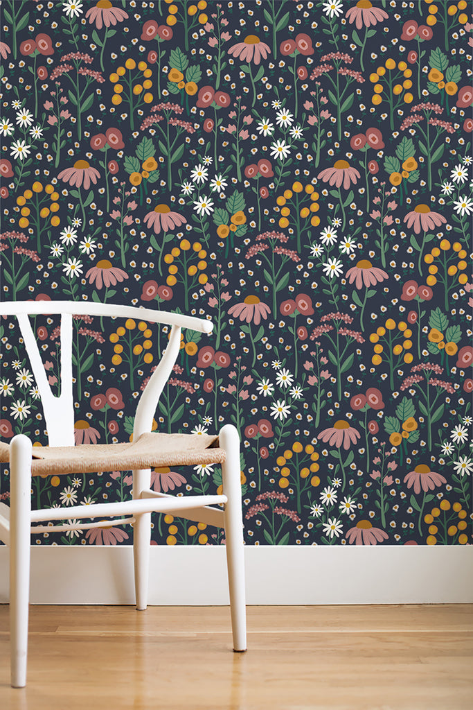 English garden removable wallpaper - navy (English Afternoon collection)